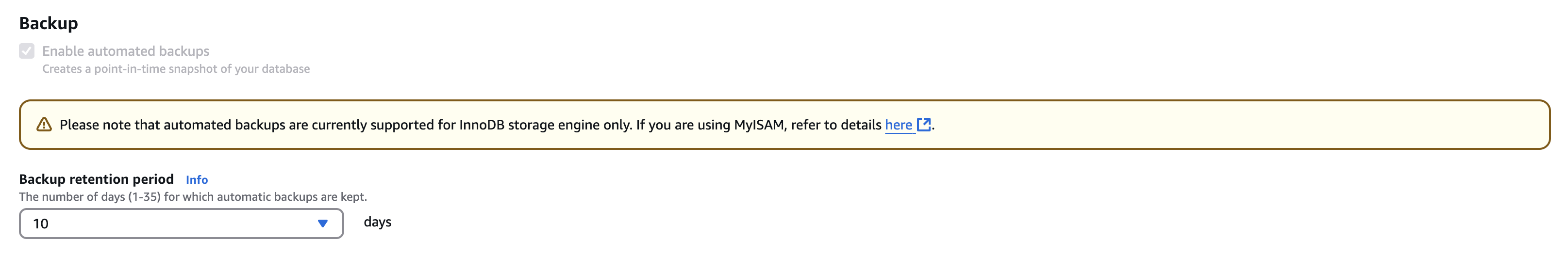 Включение автоматического резервного копирования в Aurora