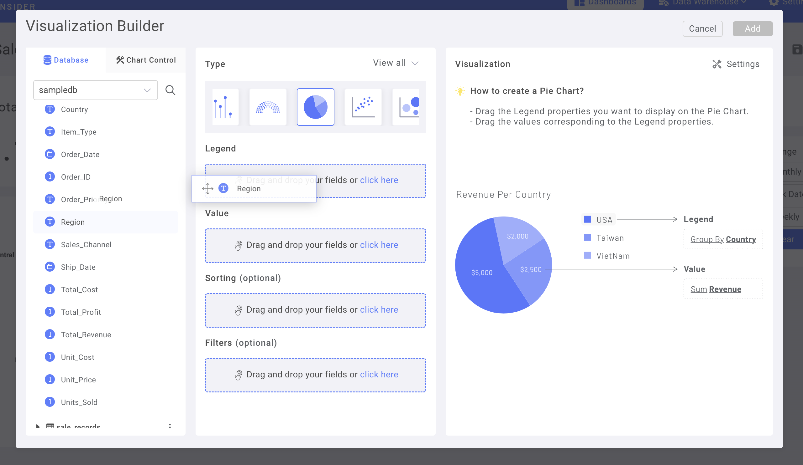 Интерфейс перетаскивания, показывающий, как столбец Region добавляется в �поле легенды