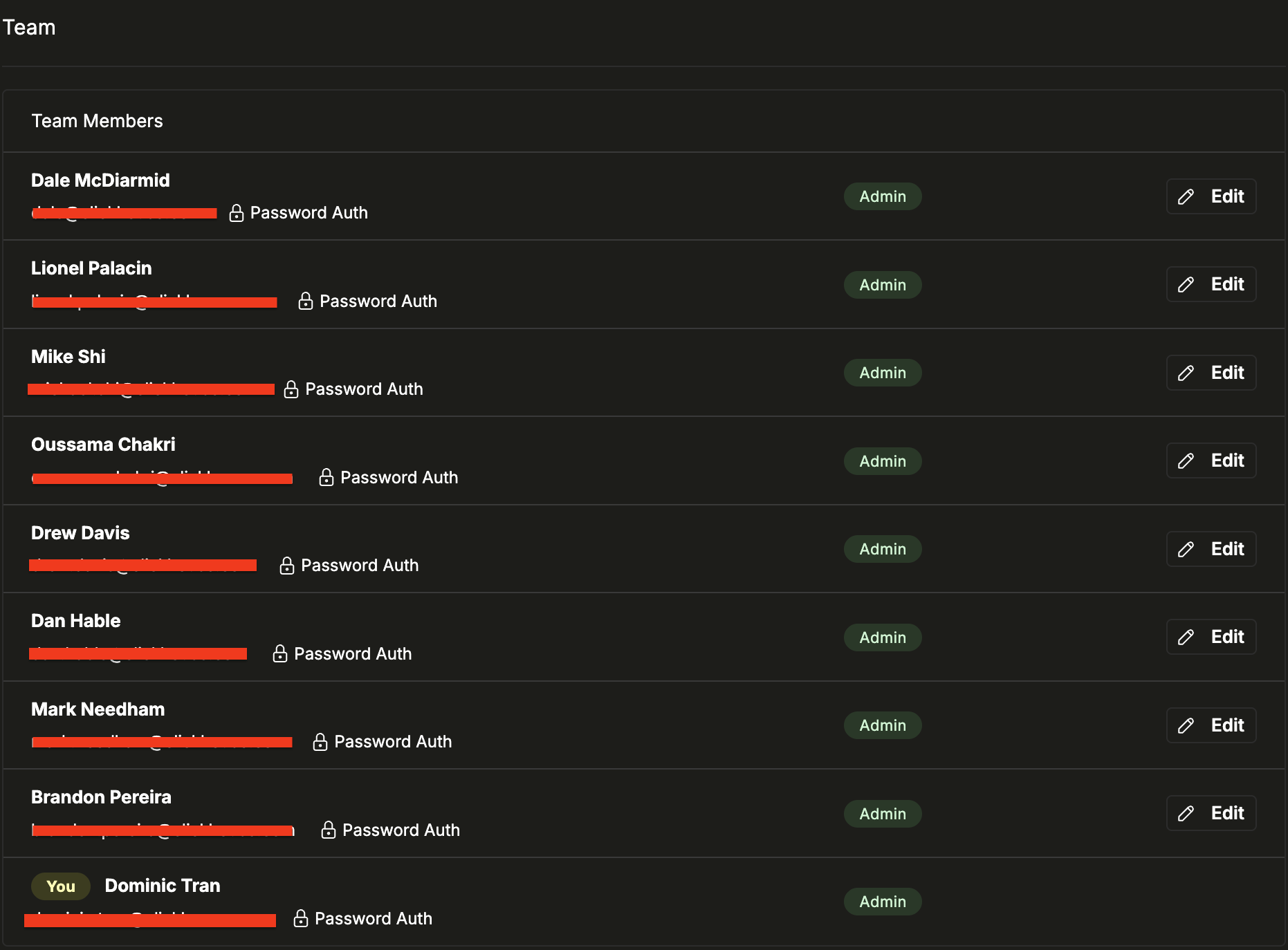 Страница Team Settings в ClickStack с участниками команды и их ролями